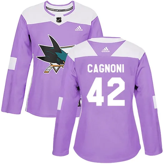 Adidas Luca Cagnoni San Jose Sharks Women's Authentic Hockey Fights Cancer Jersey - Purple